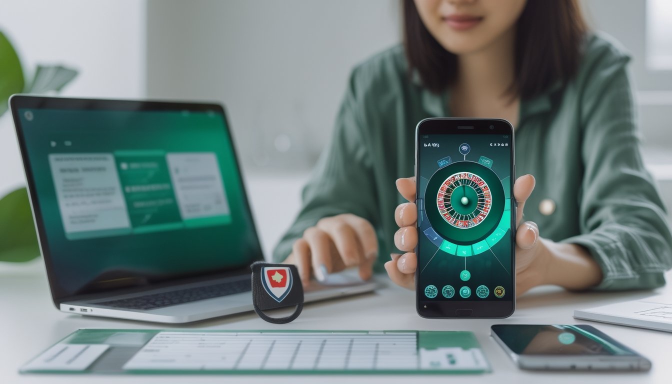 Seseorang memeriksa aplikasi roulette di ponsel dengan dokumen dan simbol keamanan di dekatnya.