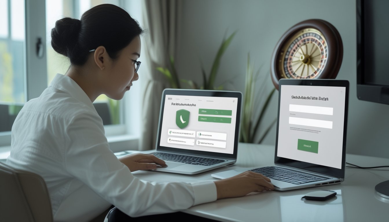 Seorang dewasa membandingkan pilihan roulette online di laptop dan ponsel, dengan roda roulette di meja.