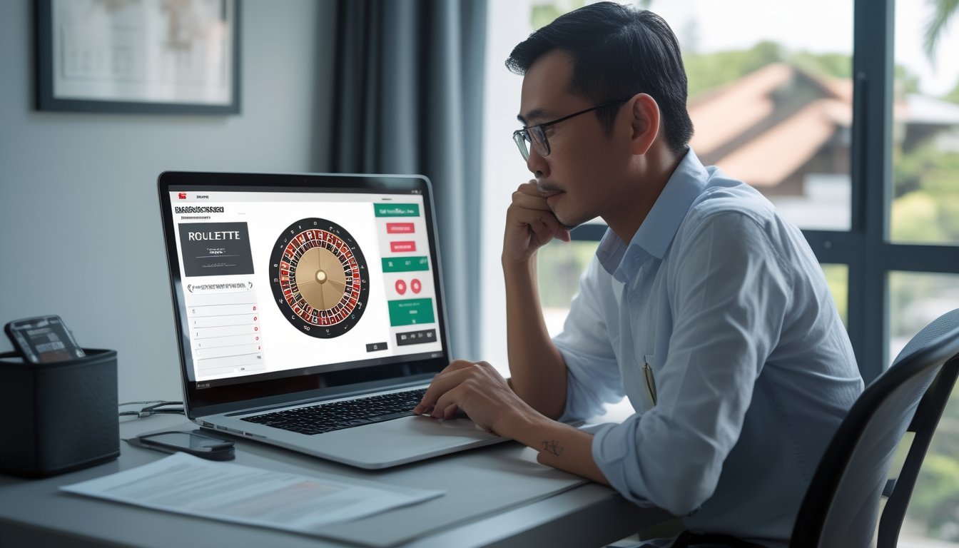 Seseorang meninjau tampilan roulette di laptop dan dokumen di meja.