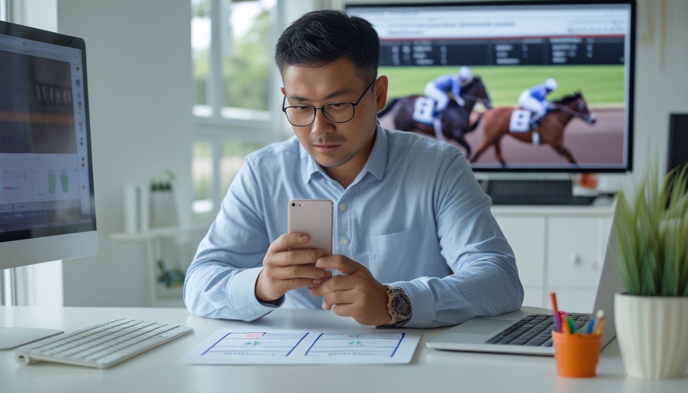 Seorang pengguna memeriksa ponsel dan laptop di meja sebelum membuat akun.