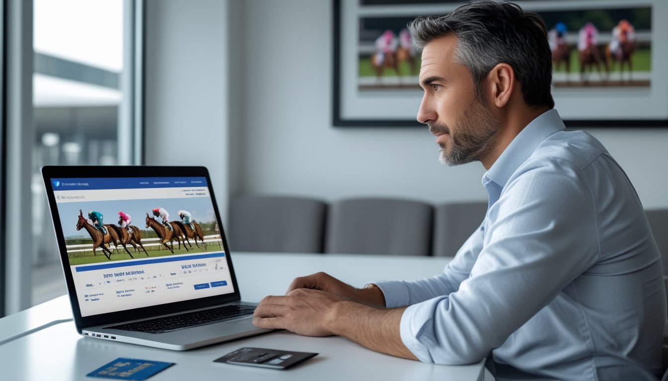 Seseorang memeriksa informasi pacuan kuda di laptop dengan latar arena pacuan.