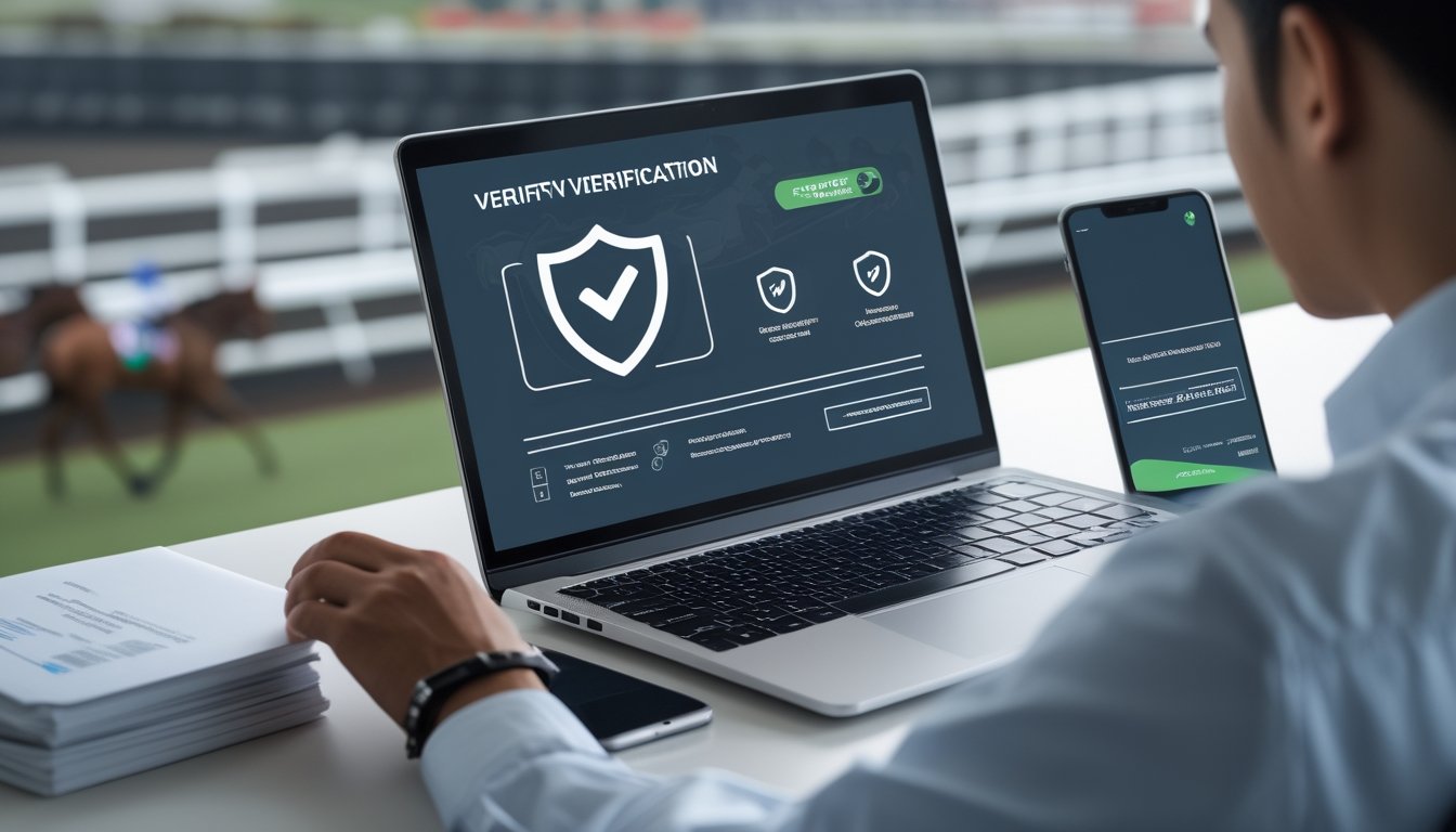 Seseorang memeriksa informasi operator di laptop dengan latar arena pacuan kuda.
