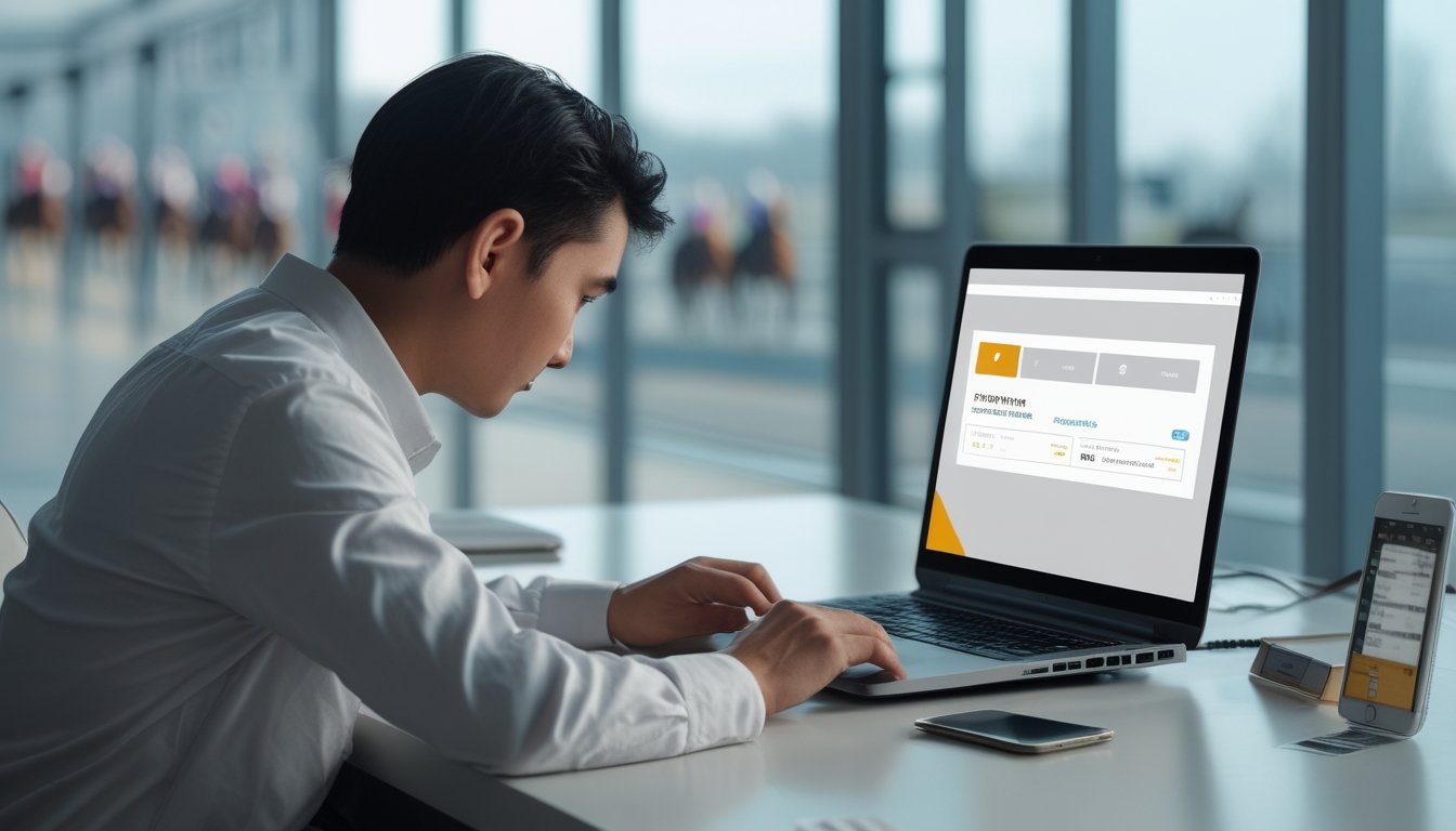 Seseorang memeriksa situs taruhan pacuan kuda melalui laptop dan ponsel di meja kerja.