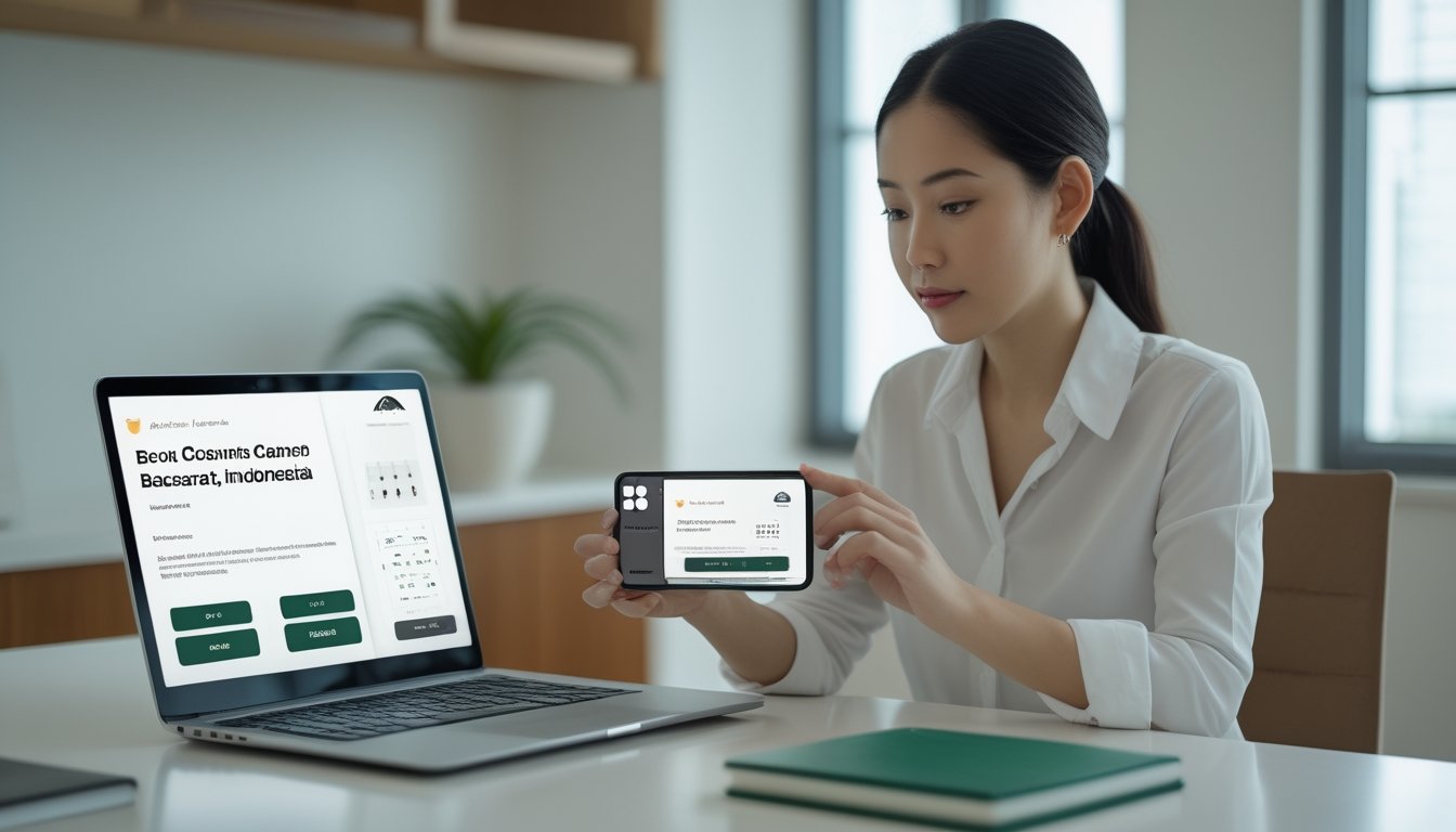Seorang perempuan membandingkan tampilan situs baccarat di laptop dan ponsel.