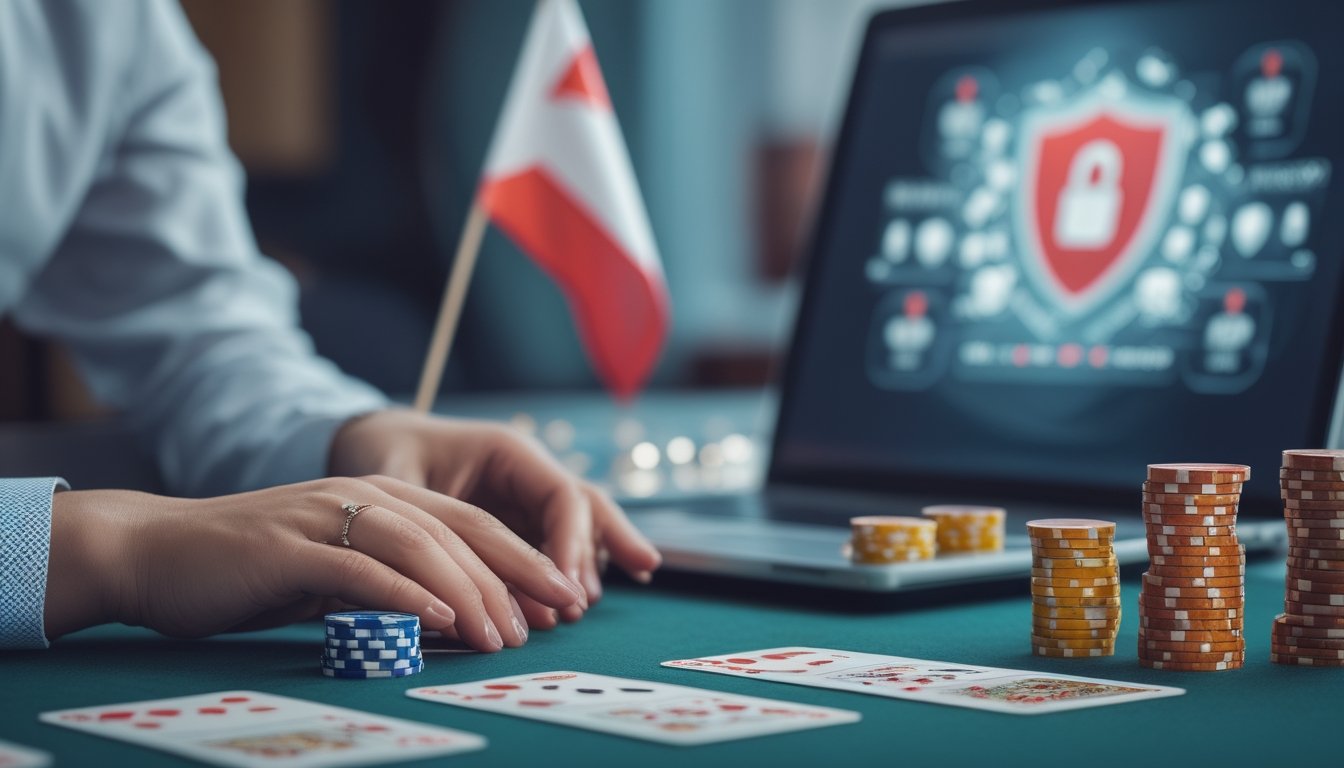 Tangan dealer menata kartu baccarat di meja, dengan laptop dan bendera Indonesia di latar belakang.