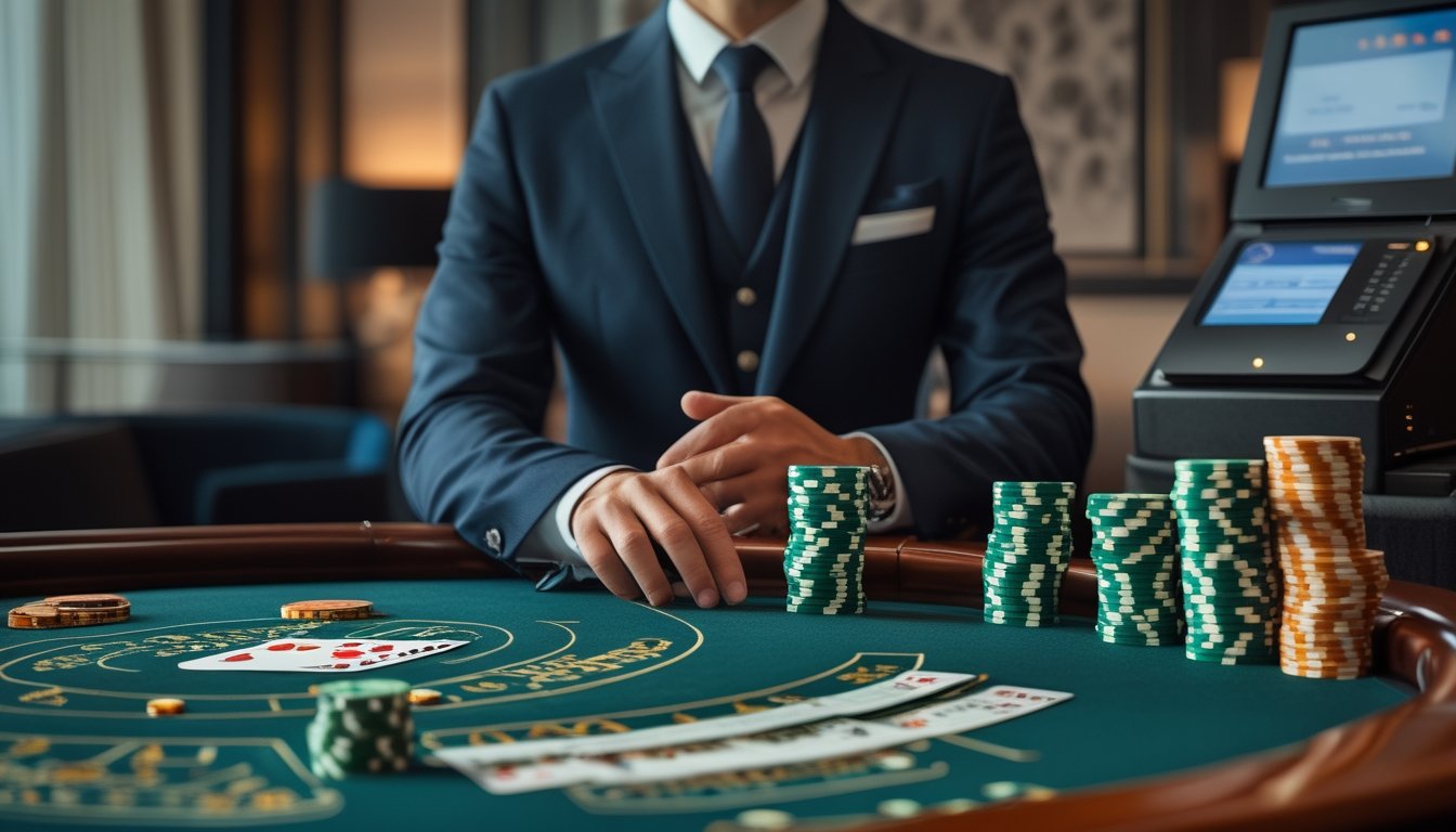 Meja baccarat dengan kartu, keping taruhan, uang tunai, dan seorang petugas di ruang kasino.