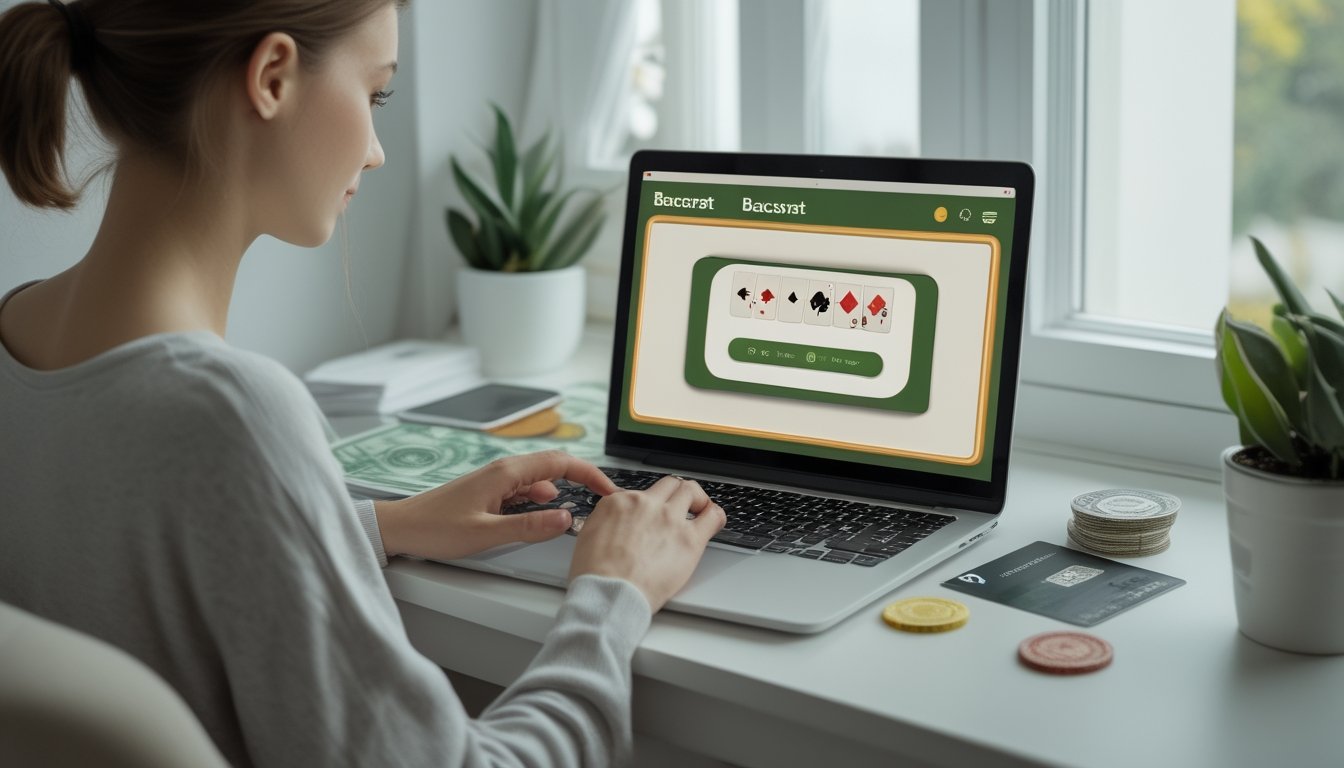 Seorang dewasa menggunakan laptop dengan tampilan meja baccarat di rumah.