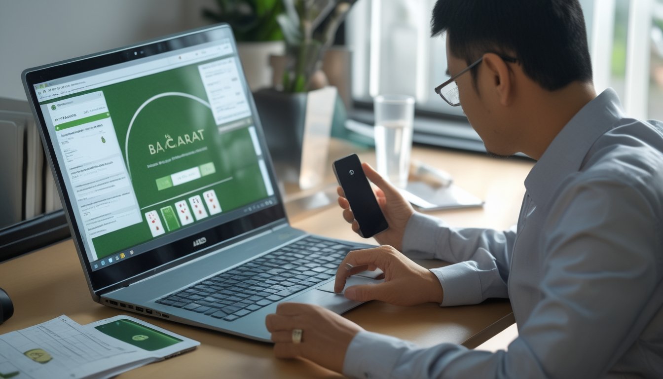 Seseorang memeriksa keamanan platform baccarat daring di laptop dengan simbol gembok dan dokumen bertanda centang.