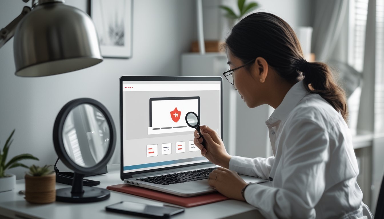 Seseorang meneliti tampilan situs web di laptop dengan kaca pembesar di meja.