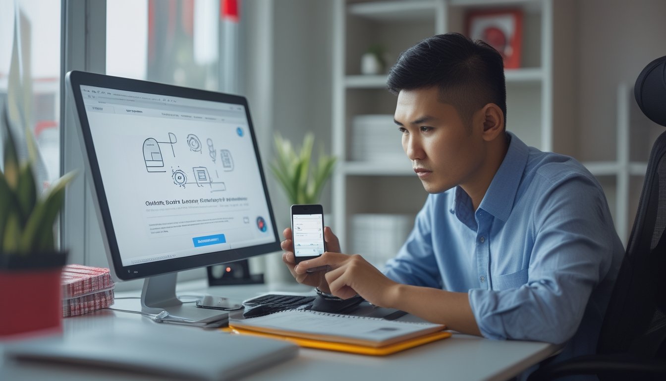 Seseorang di ruang kerja memeriksa situs web melalui laptop dan ponsel.