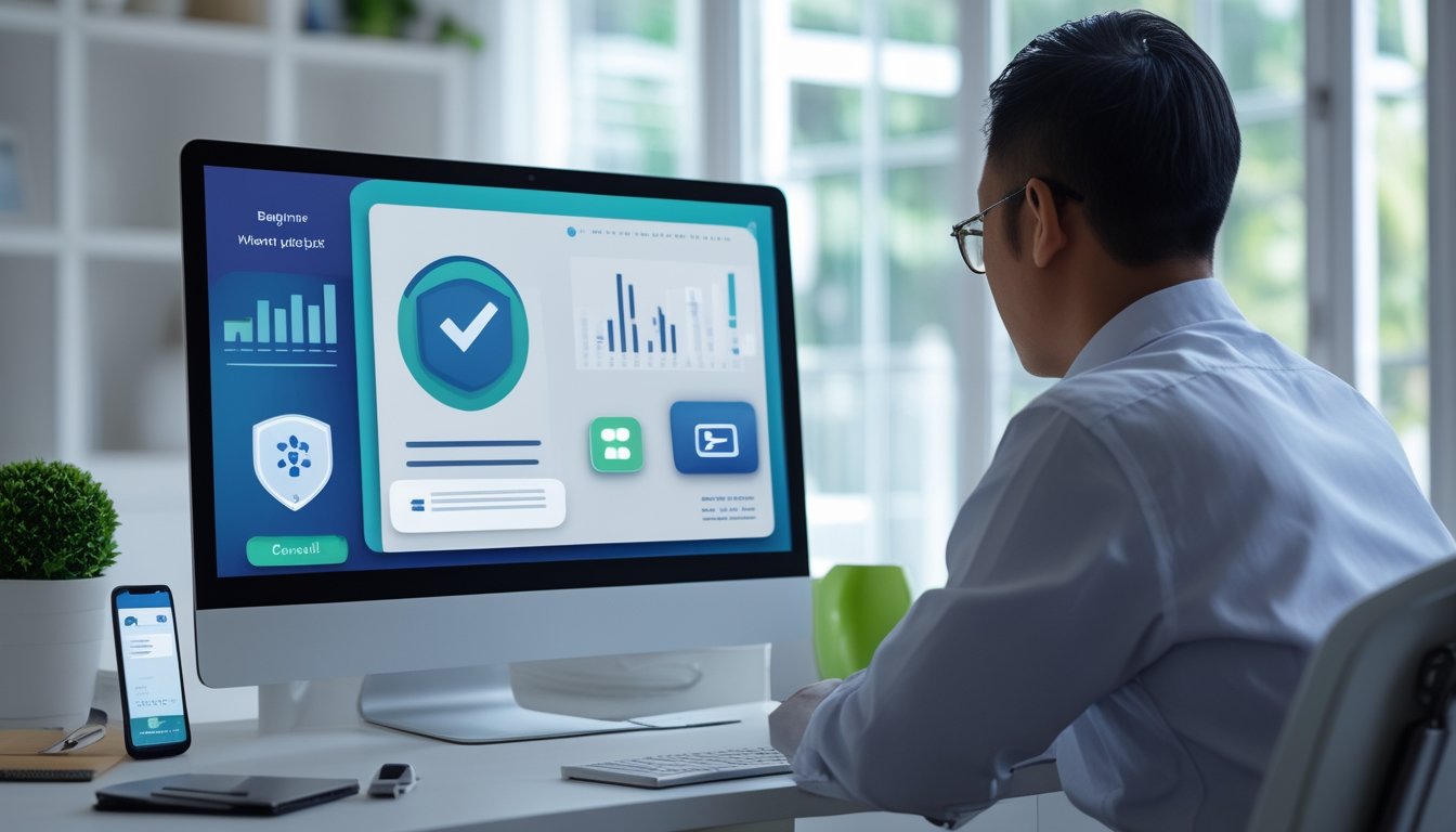 Seseorang memeriksa platform lotre daring di laptop di meja kerja.