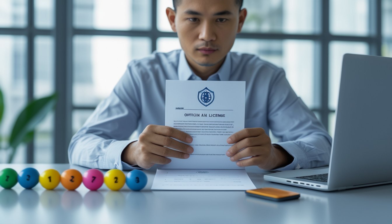 Seorang profesional memeriksa dokumen lisensi sambil melihat laptop, dengan beberapa bola togel di atas meja.