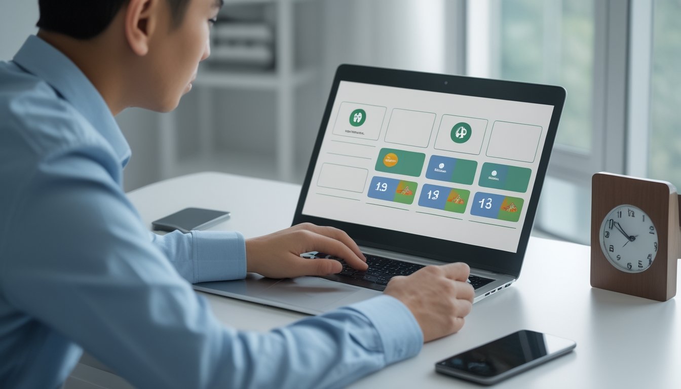 Seseorang memeriksa jadwal pada laptop di meja kerja.