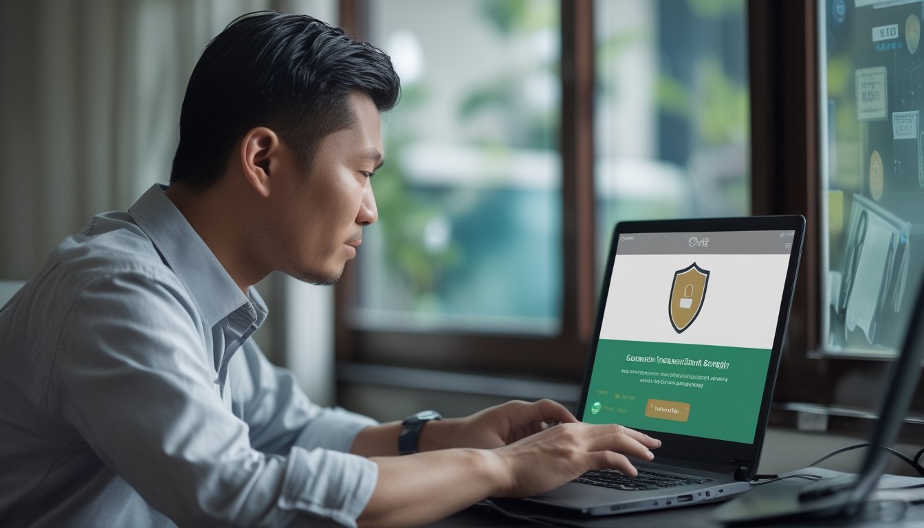 Seorang pria menggunakan laptop di meja kerja sambil meninjau layanan daring.