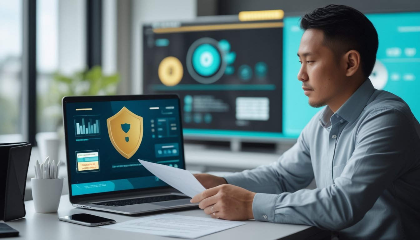 Seorang profesional memeriksa simbol verifikasi di laptop sambil meninjau dokumen di meja.