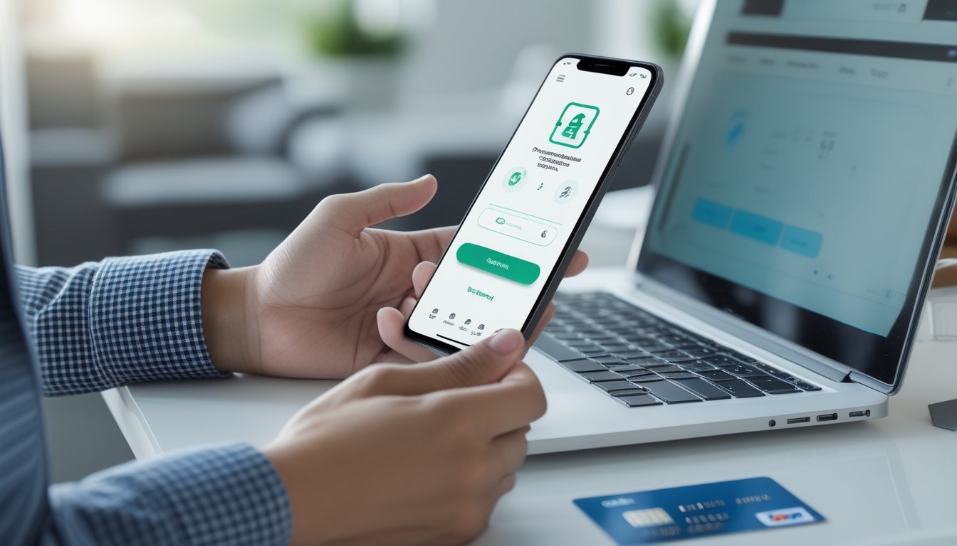 Seseorang menggunakan ponsel di meja dengan laptop dan kartu bank di dekatnya.
