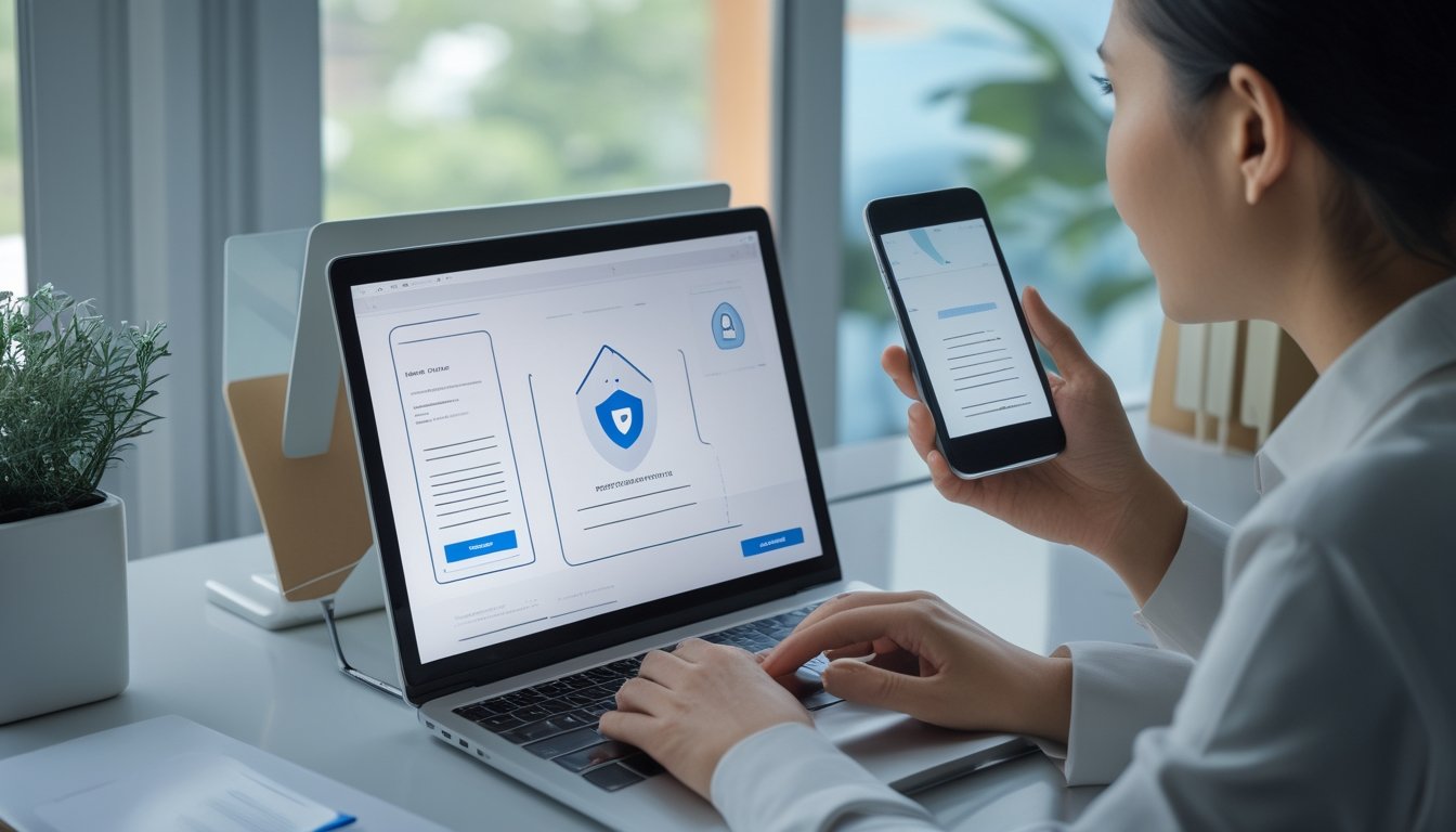 Seseorang memeriksa keamanan situs di laptop dengan ponsel dan kartu bank di meja.