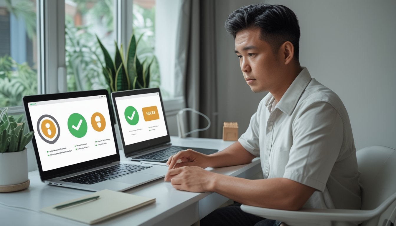 Seseorang memeriksa laptop dan ponsel di meja dengan simbol keamanan pada layar.