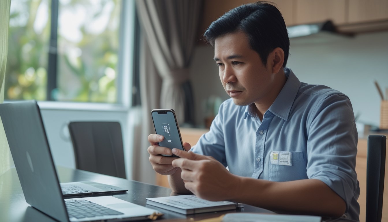Seseorang memeriksa ponsel dan laptop di meja dengan sikap waspada.