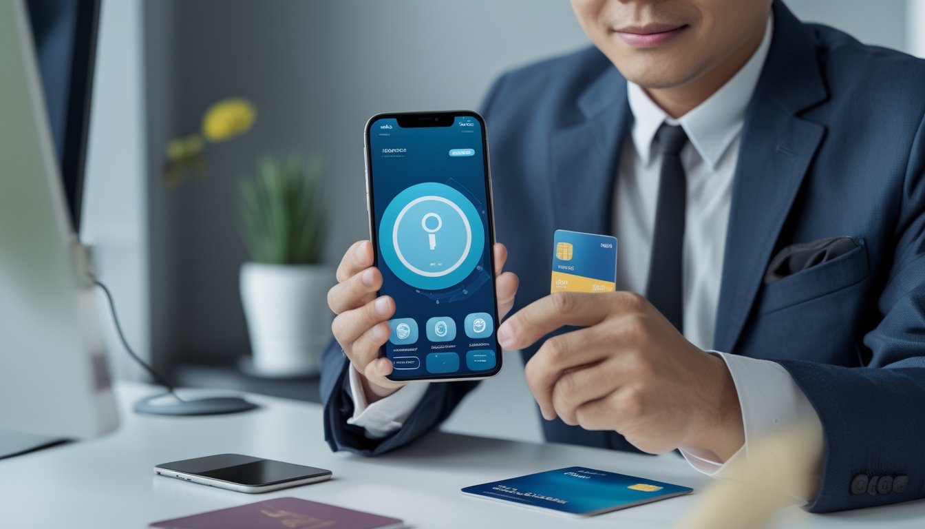 Seorang profesional menggunakan smartphone di meja kerja.
