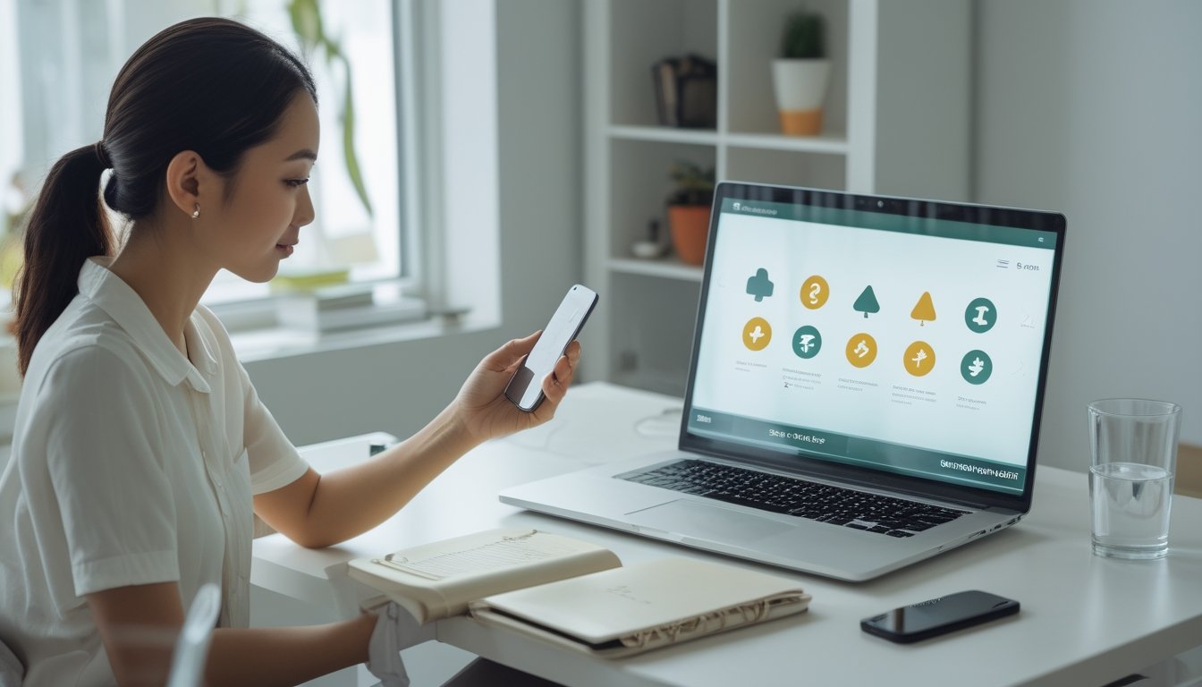 Seorang dewasa meninjau ponsel dan laptop di meja kerja.