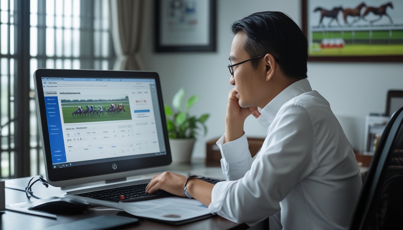 Seorang pemula melihat informasi balap kuda di laptop dari meja kerjanya.