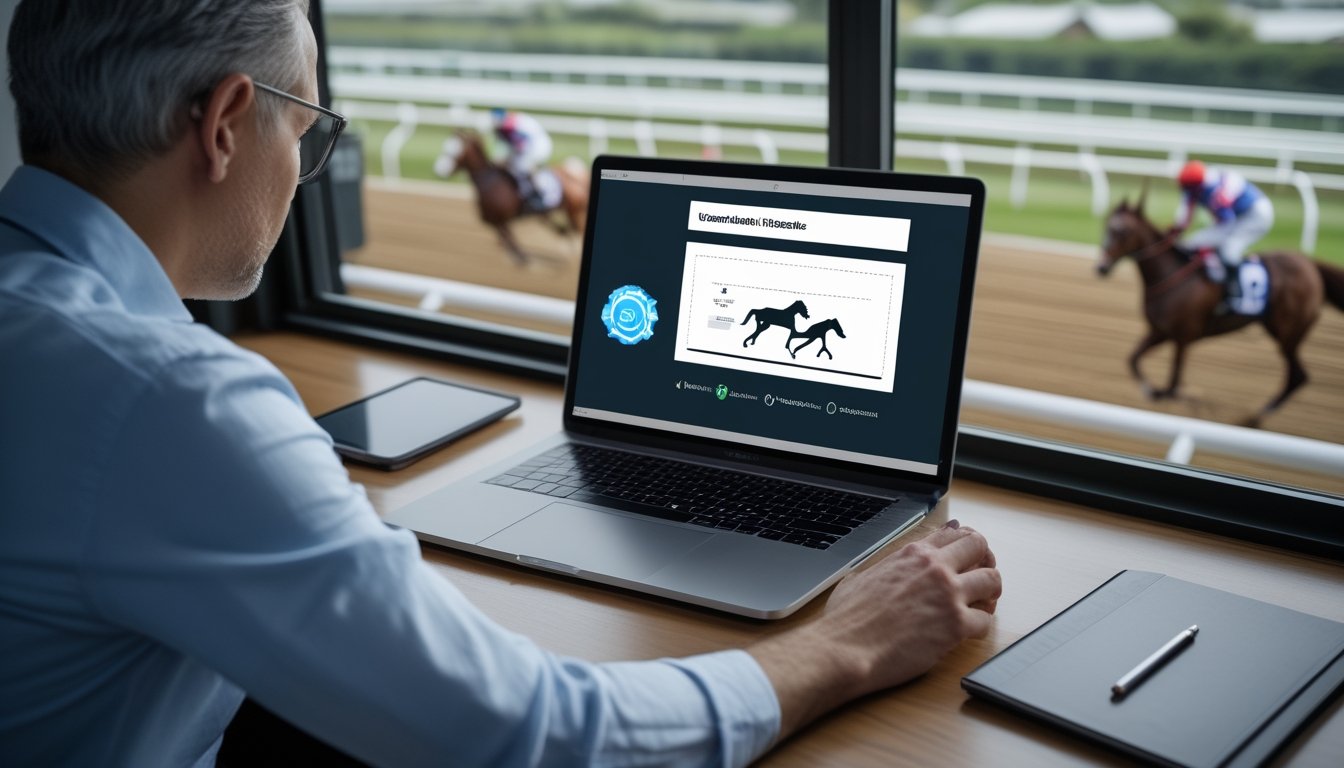 Seseorang memeriksa platform balap kuda di laptop dengan arena balap terlihat di latar belakang.
