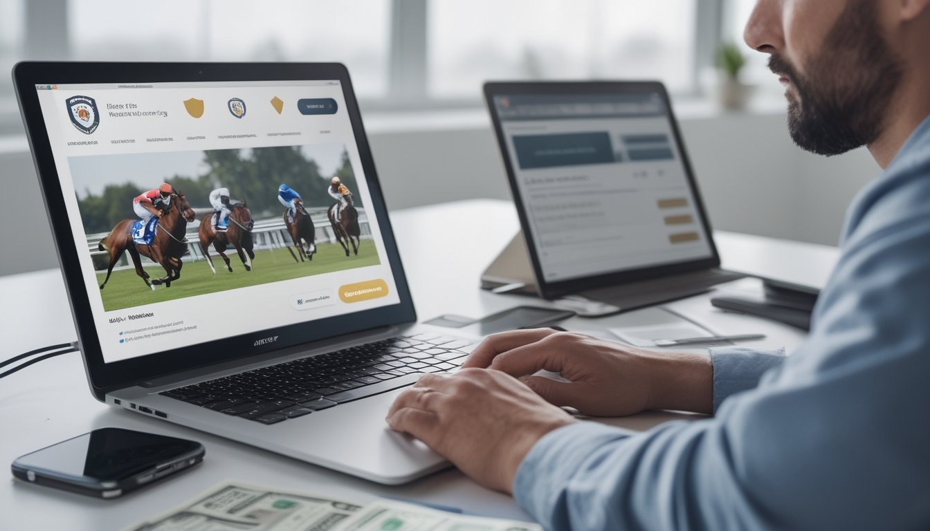 Seseorang memeriksa platform balap kuda online di laptop dengan simbol verifikasi.