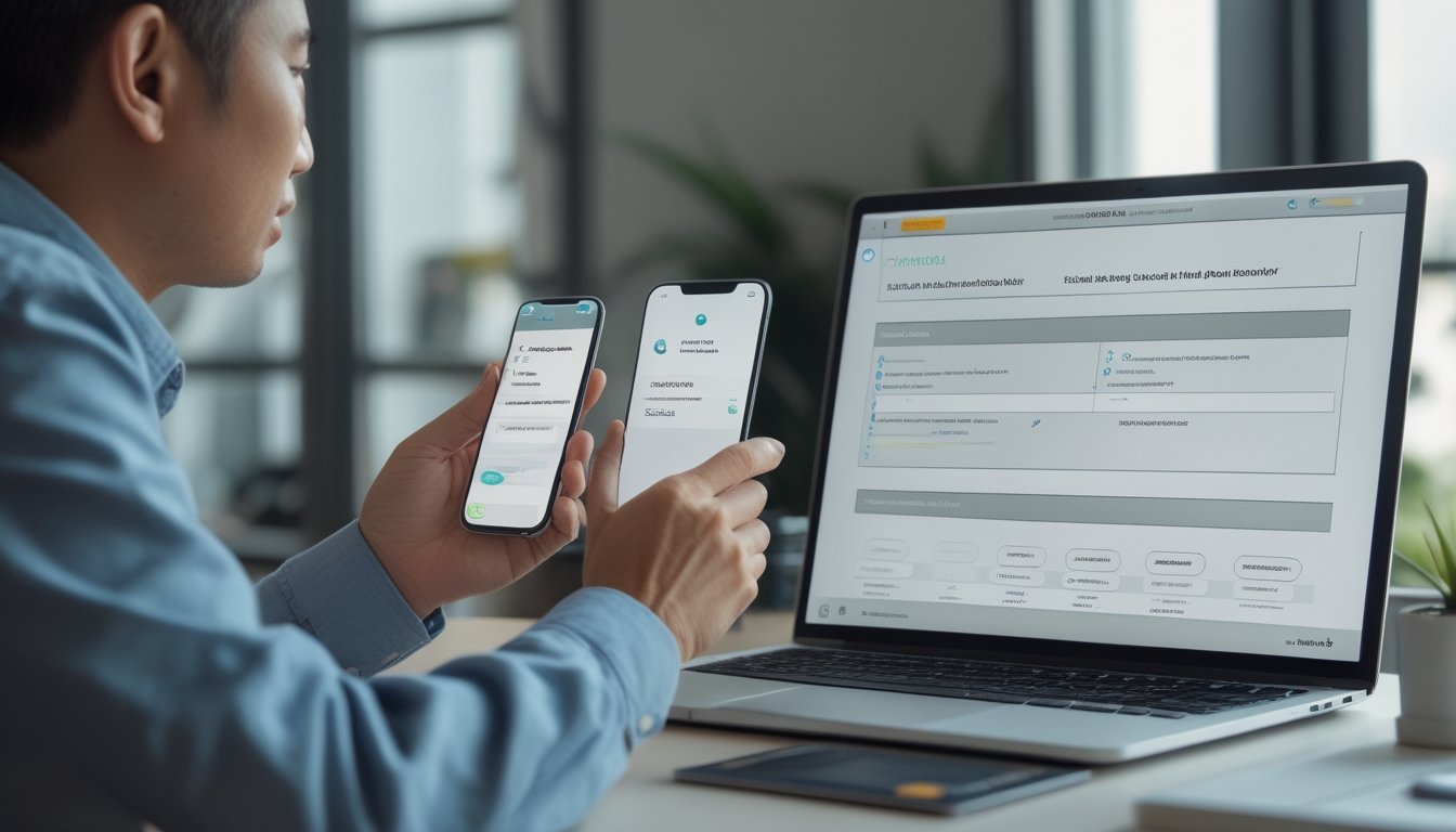 Seseorang memeriksa detail transaksi melalui ponsel dan laptop di meja kerja.