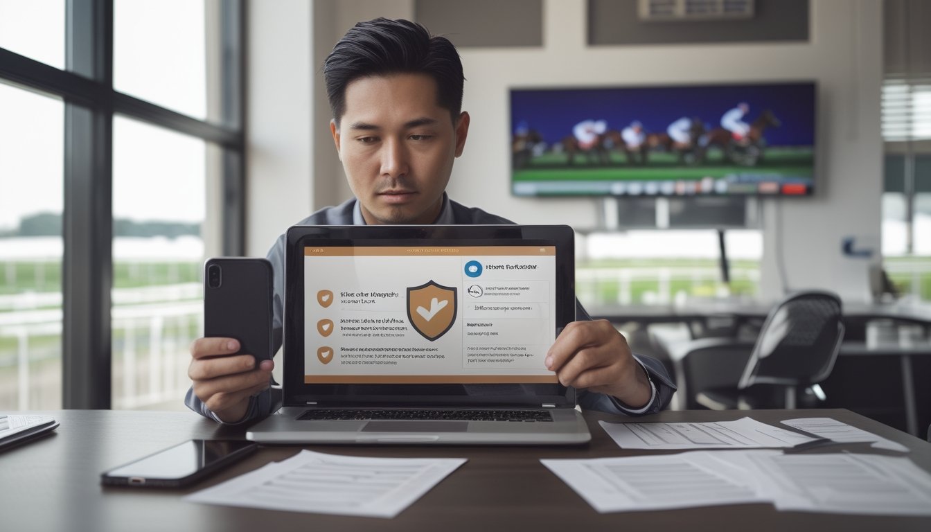 Seseorang memeriksa informasi agen balap kuda melalui laptop dengan daftar periksa di meja.