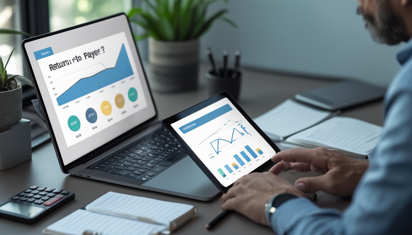 Seseorang membandingkan grafik dan data pada laptop serta tablet di meja kerja.