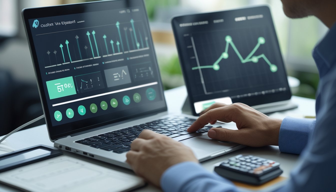 Seorang analis memeriksa grafik permainan digital di laptop sambil menggunakan kalkulator.