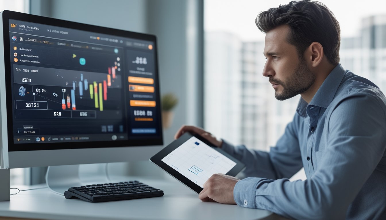 Seorang analis memeriksa grafik digital dan menghitung angka dengan kalkulator di meja kerja.