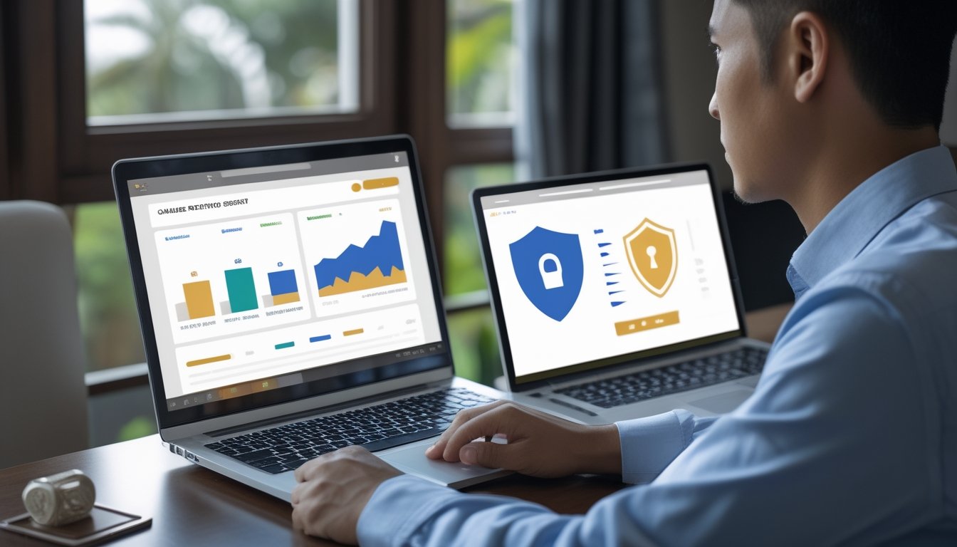Seorang pria Indonesia melihat tampilan platform digital di laptop dan ponselnya.