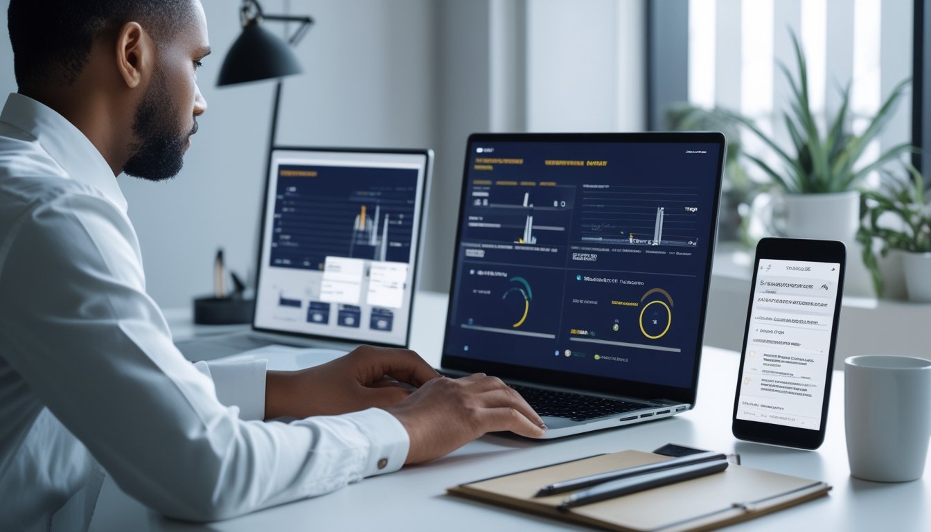 Seorang analis membandingkan data pada laptop dan ponsel di meja kerja.