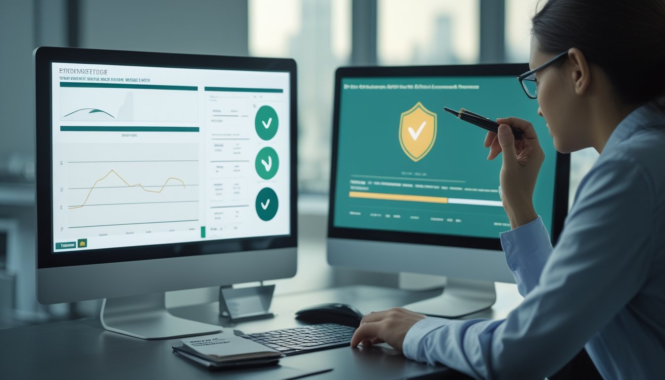 Seorang analis memeriksa dasbor data dan verifikasi sumber resmi di layar komputer.