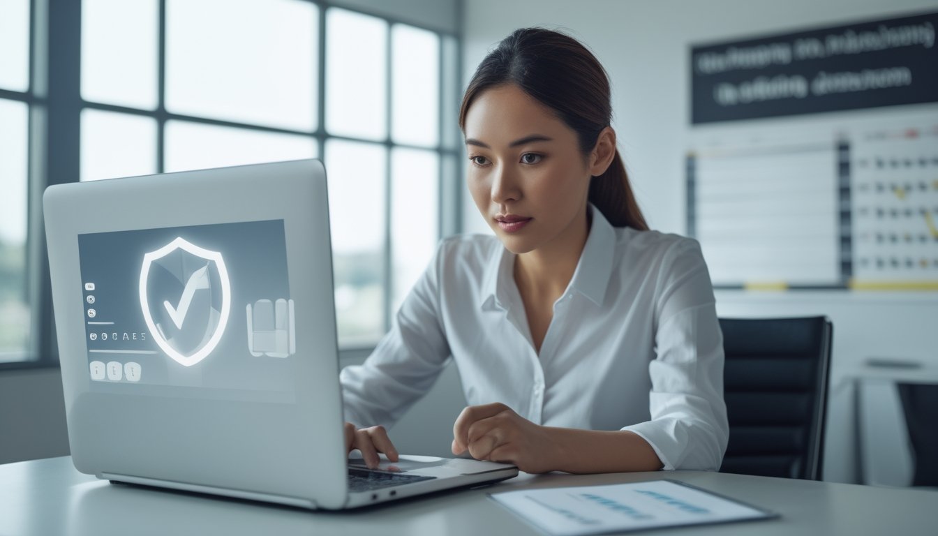 Seorang profesional memeriksa platform digital di laptop dengan checklist di meja.