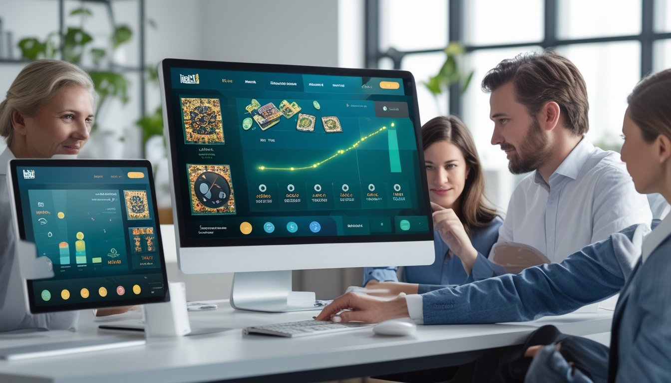 Para profesional mengamati tampilan permainan digital dan grafik kinerja di monitor dan ponsel.