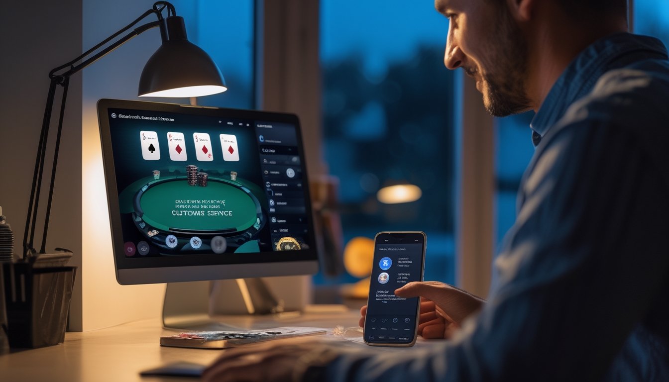 Seseorang menggunakan laptop dengan tampilan permainan poker dan ponsel di meja.