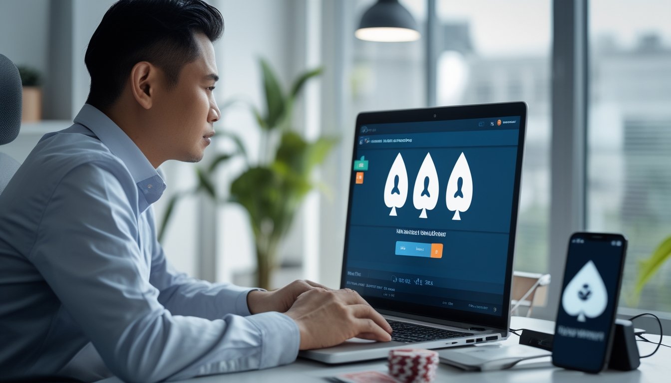 Seorang pria memeriksa situs poker di laptop dengan ponsel dan kartu di atas meja.