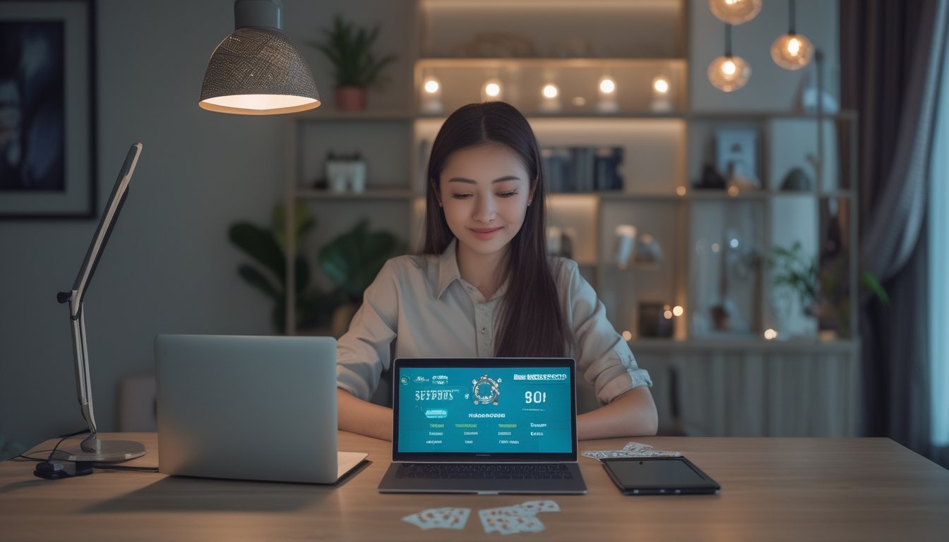 Seorang pemula menggunakan laptop dengan kartu remi dan keping poker di atas meja.