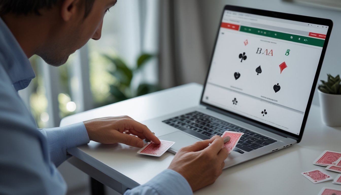 Seseorang mempelajari kartu poker dan chip di depan laptop.