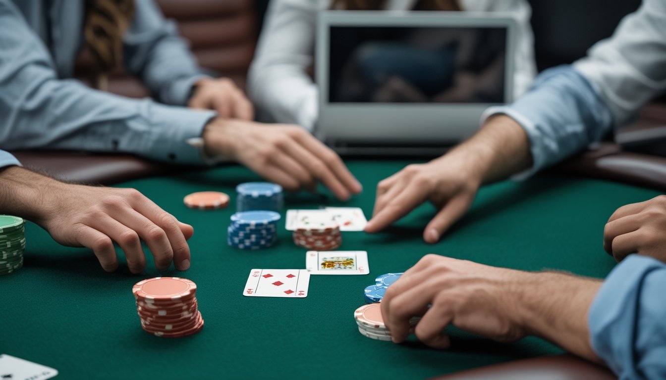 Tangan pemain menyusun kartu dan chip di atas meja poker.