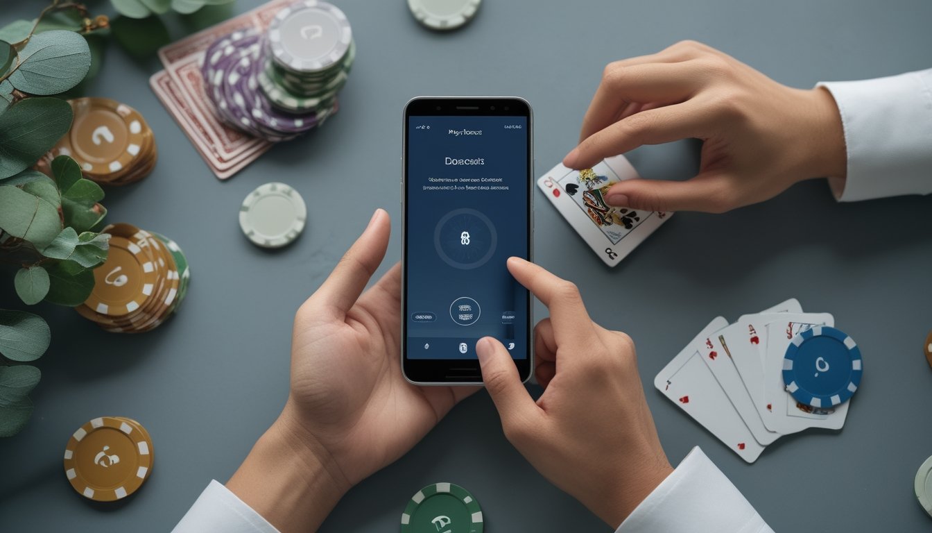 Seseorang memegang ponsel di samping kartu remi dan keping poker.