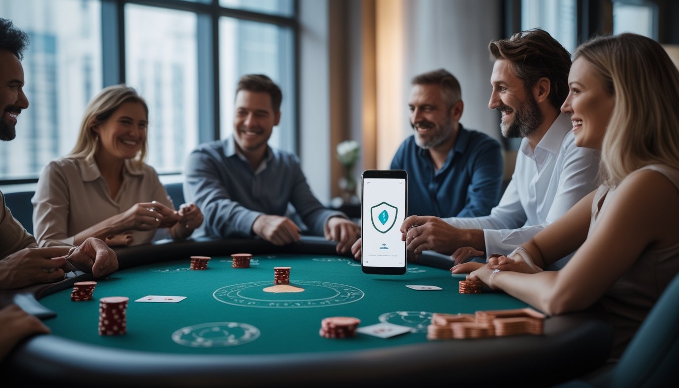 Sekelompok orang dewasa bermain poker di meja dengan ponsel di dekat kartu dan keping poker.