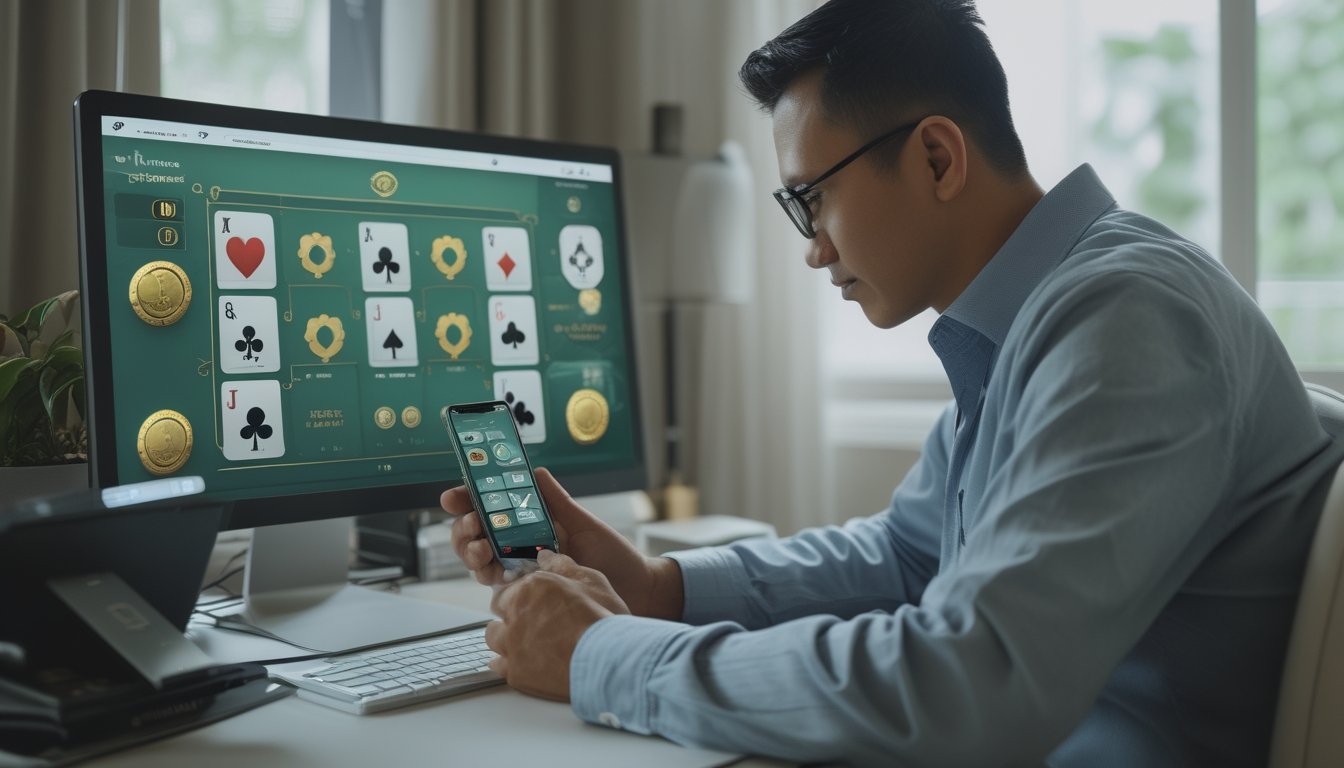 Seorang pemain dewasa menggunakan ponsel untuk bermain poker di rumah.