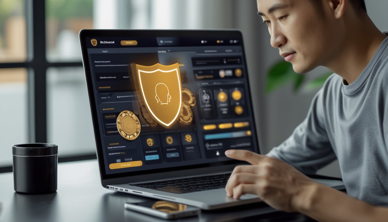 Seorang pemain dewasa menggunakan laptop dengan antarmuka poker dan simbol keamanan.