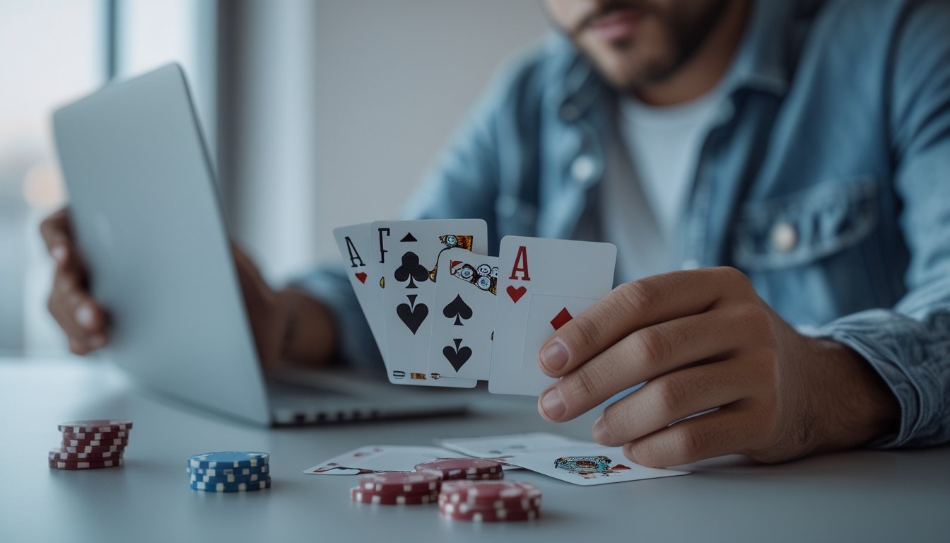 Seorang pemula mempelajari kartu poker dan menyusun beberapa keping taruhan di meja.