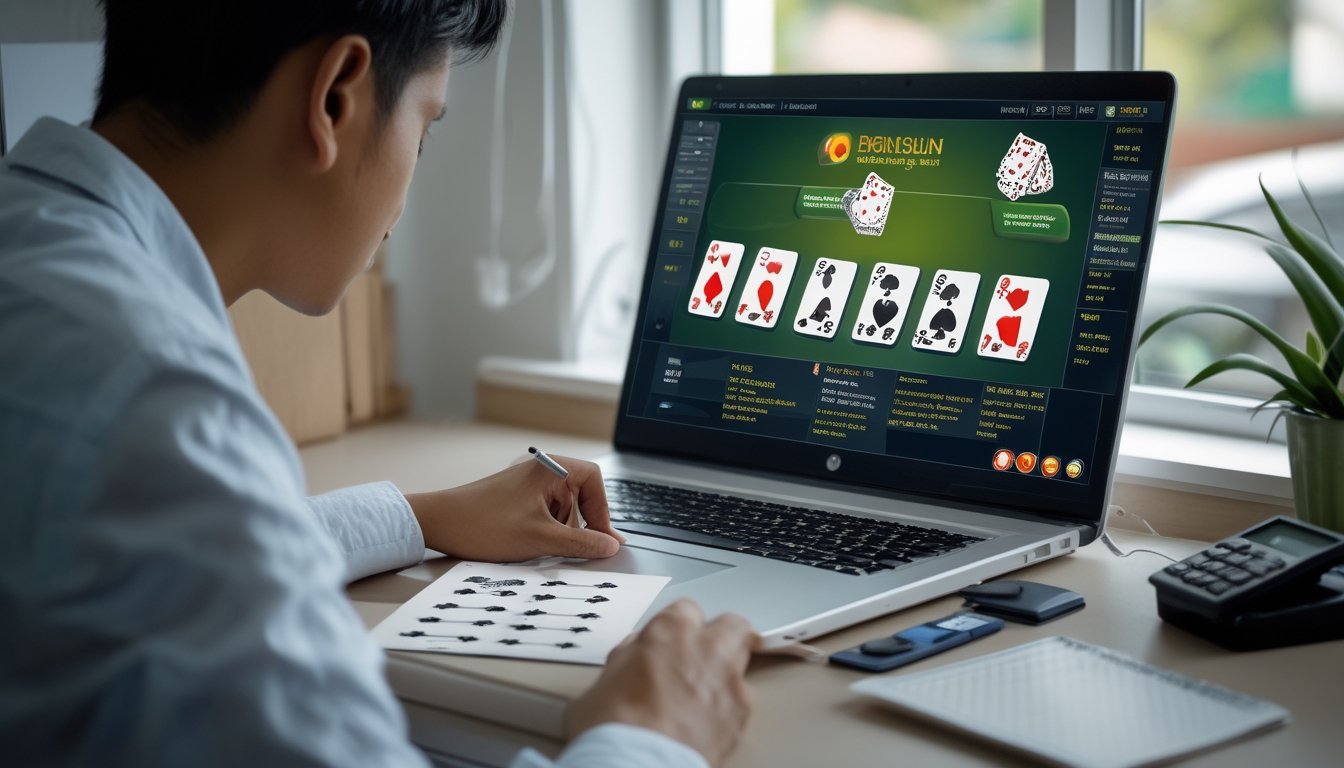 Seorang pemula mempelajari kartu poker dan strategi di depan laptop.