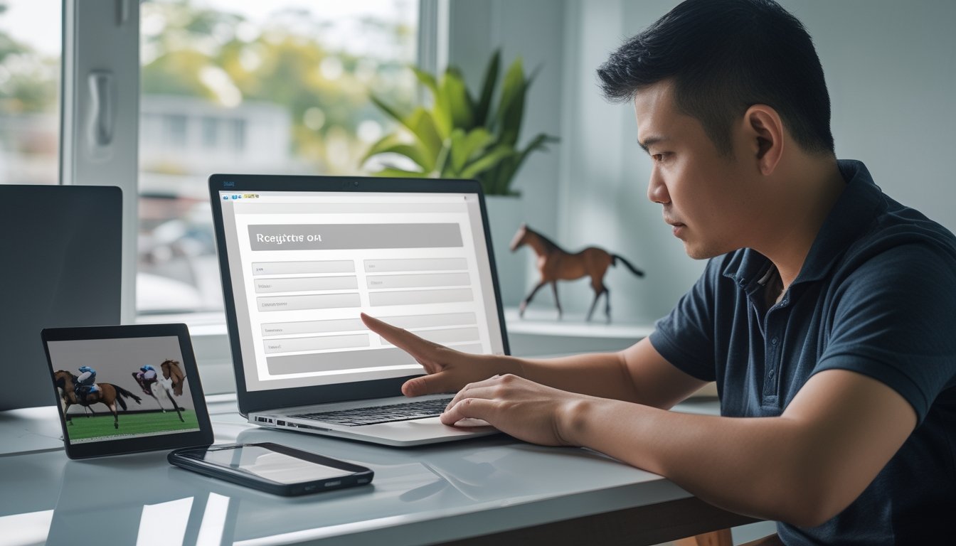 Seseorang menggunakan laptop di meja dengan gambar pacuan kuda di dekatnya.